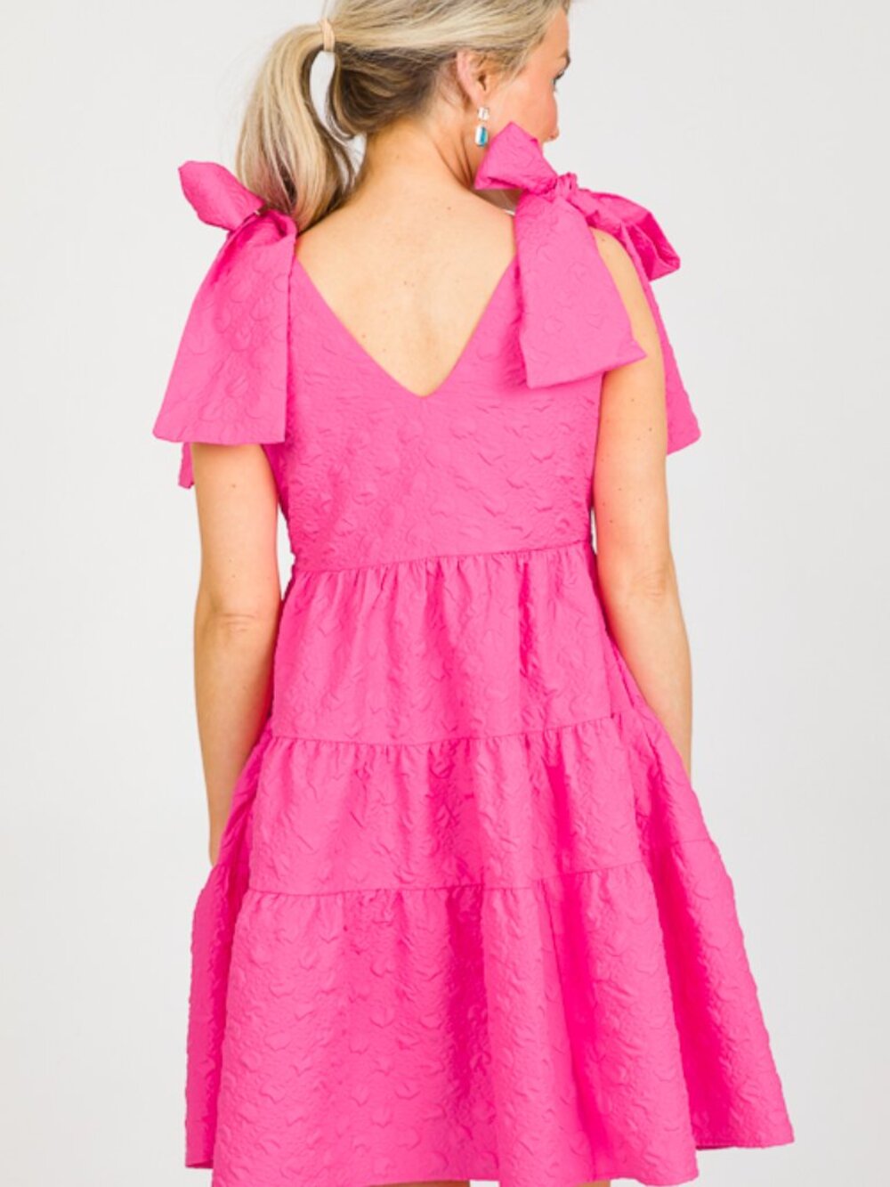 Ces Femme Hot Pink Bow Shoulder Dress 💖 | Textured Tiered Mini (L) - Picture 3 of 6
